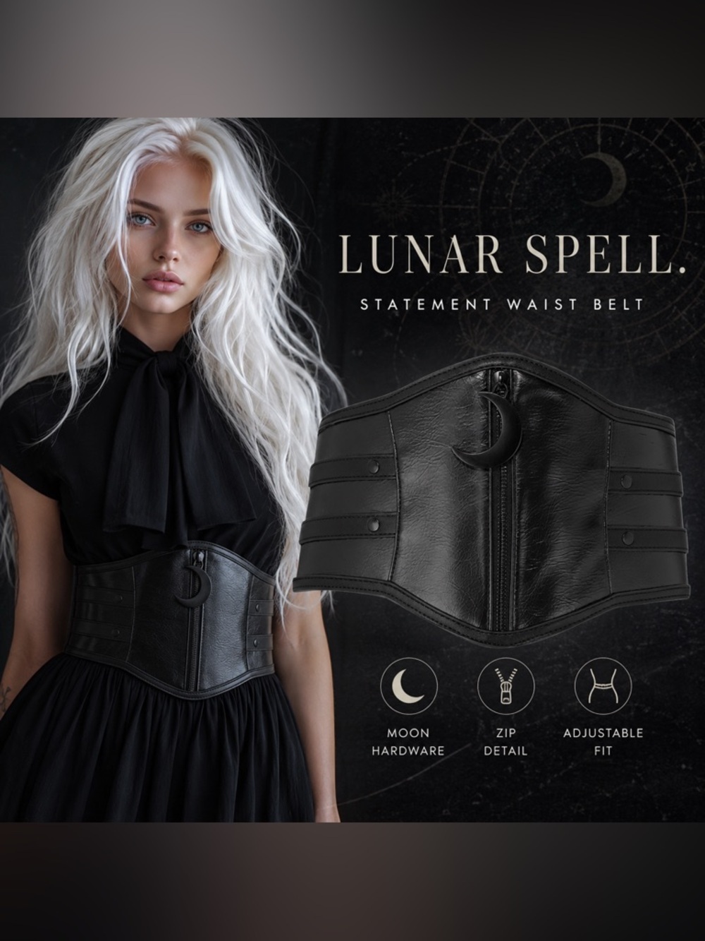 Lunar Spell Corset Waist Belt Gothic Crescent Zip Cincher Large NWT